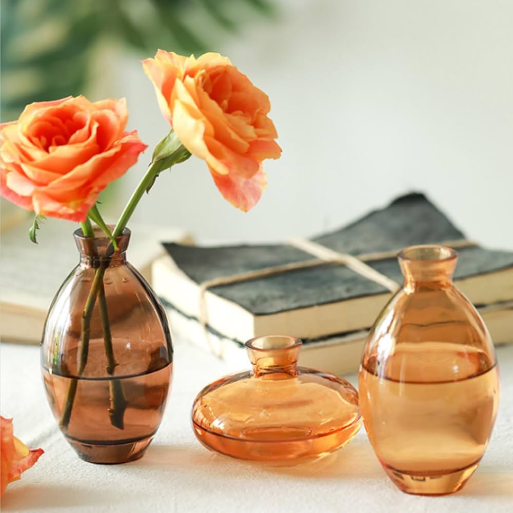 Hand-blown amber glass vase set