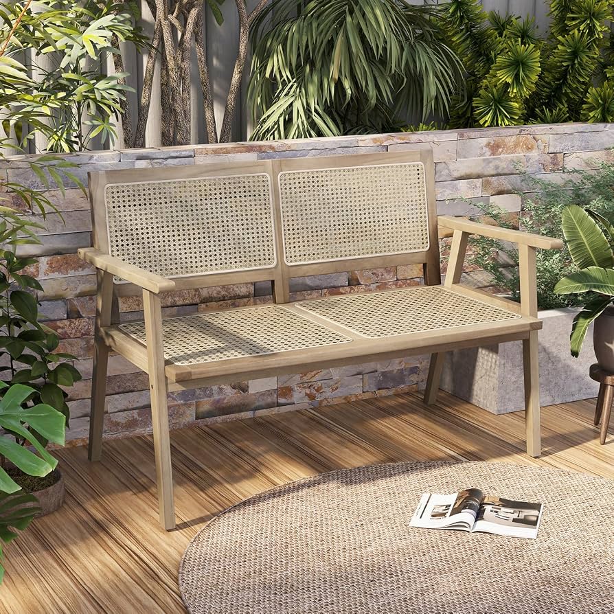 Rattan and teak bench